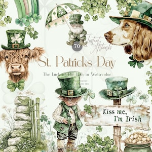 Könnte beinhalten: Aquarell-Illustrationen von Elementen zum Thema St. Patrick's Day, darunter eine Hochlandkuh, ein Kobold, ein Hund mit Hut, ein Schild mit der Aufschrift "Kiss me, I'm Irish" und ein Topf mit Gold.