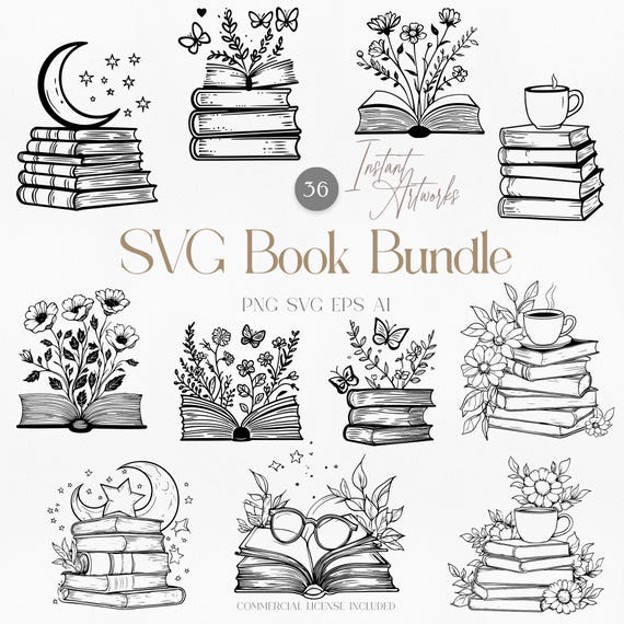 Book SVG Bundle | 36 Book Lover Clipart Designs | Book Stack Png Svg Eps AI | Floral Reading Clipart | Moon Coffee Bookish Art for DIY work