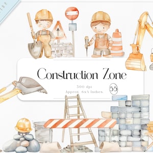 Clipart de construcción en acuarela - Vehículos de construcción para niños - Zona de construcción - Excavadora - Licencia de venta ilimitada