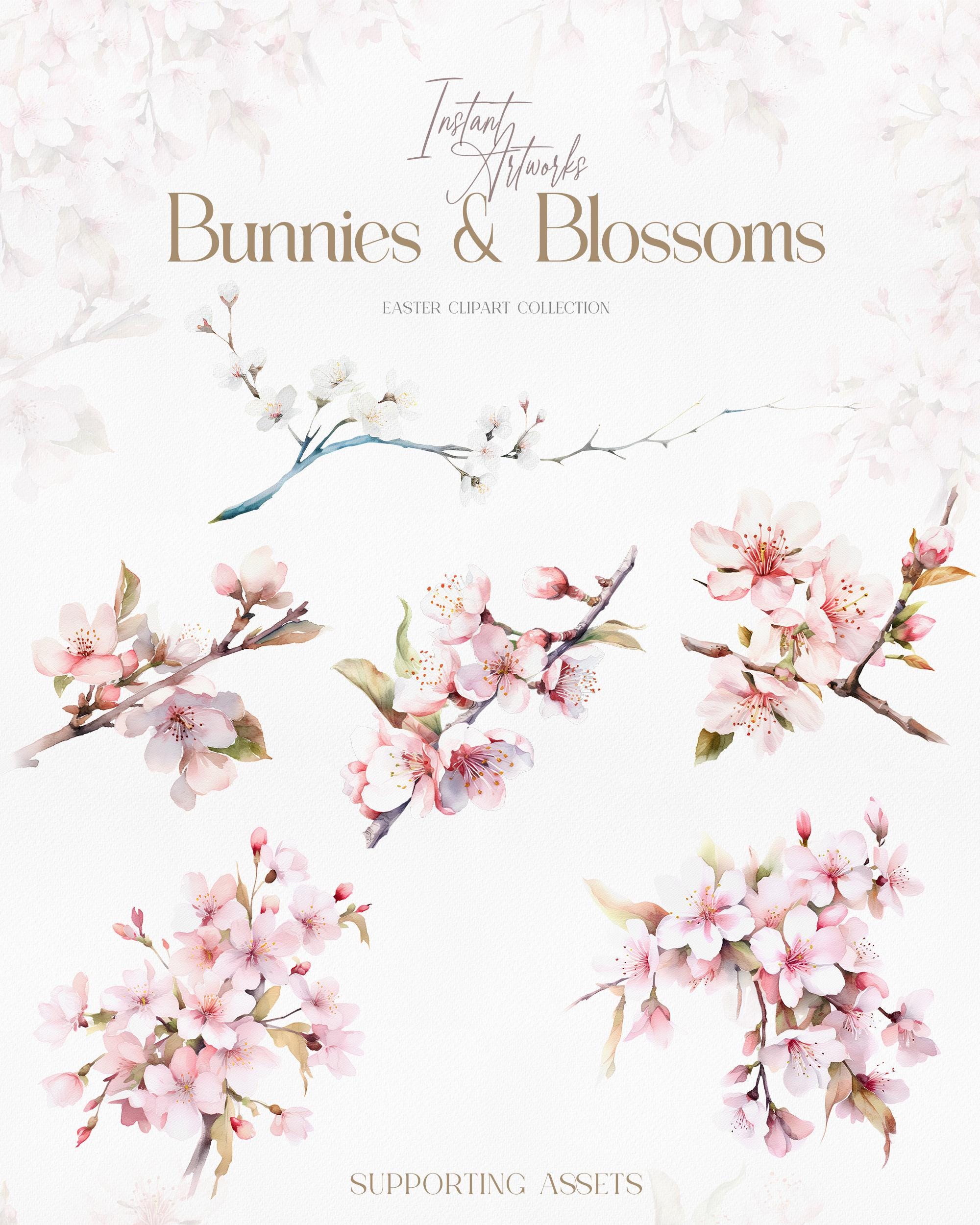 Watercolor Spring Bunnies Clipart – Cherry Blossom Floral (digital ...