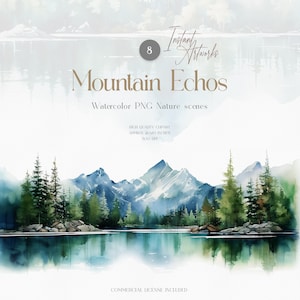 Serene Watercolor Mountain and Lake Landscape Bundle for Wedding Stationery and Nature Branding