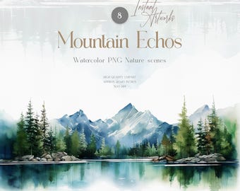 Serene Watercolor Mountain and Lake Landscape Bundle for Wedding Stationery and Nature Branding