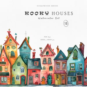 Watercolor Houses Clipart Set - Colorful Buildings for Scrapbooking, Digital Download, Printable Art, Junk Journals, Wall Art, Card making
