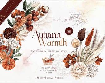 Watercolor Autumn Clipart, Cottagecore Fall PNG (Digital Download)