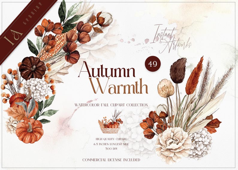 Op de afbeelding: Een aquarel clipart-collectie genaamd "Herfstwarmte" met 49 illustraties van herfstbladeren, pompoenen en gedroogde bloemen in tinten bruin, oranje en wit. De illustraties zijn perfect voor het maken van herfstthema-ontwerpen.