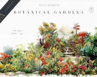 May include: A watercolor painting of a lush botanical garden with a stone pathway leading up to a waterfall. The garden is filled with vibrant green foliage, colorful flowers, and palm trees. The painting is titled "Botanical Gardens 7" and is part of a mini-series.