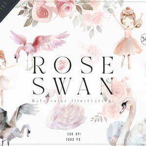 Rosa Aquarell Ballerina Clipart - Altrosa Rose - Schwan Clipart Set - Blumensträuße - Ballett - unbegrenzte Verkaufslizenz