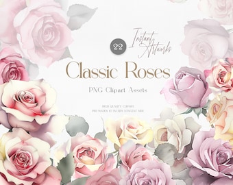 Classic Roses Watercolor Clipart, Pink Floral PNG, Digital Art Assets