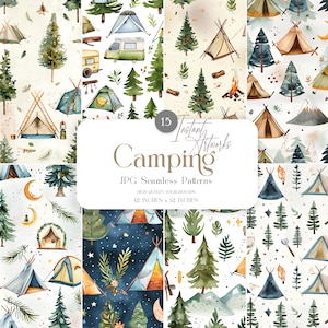Modèles sans couture de camping aquarelle | Papier numérique pour feu de camp, forêt de tentes | Arrière-plans d'aventure en forêt | Clipart nature en plein air