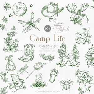 Bundle de cliparts camping, forêt de montagne SVG, aventure en plein air PNG, Clipart Nature, arbre des bois, dessins de Silhouette champignon lune