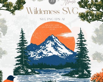 May include: A digital graphic featuring a mountain range with a large orange sun, dark green pine trees, and a small boat on water. The text reads 35 Instant Artworks, Wilderness SVG, SVG PNG EPS AI, and High Quality Clipart PNG 10 inches shortest side 300 DPI.
