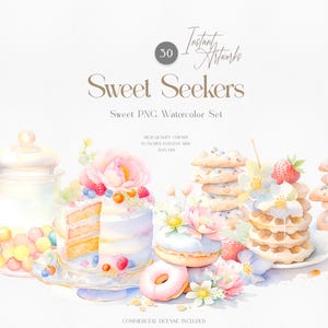 Watercolor Sweets Clipart Bundle, Pastel Cakes, Cupcakes, Cookies and Candy PNG Set, Dessert Graphics for Invitations, Stickers, Sublimation