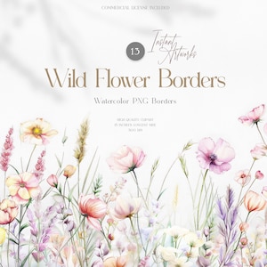 Set di clipart con bordi floreali ad acquerello, inviti per matrimonio primaverili con fiori di campo, cancelleria fai da te, elegante arte floreale delicata, rustico boho elegante
