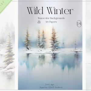 May include: A set of 8 watercolor backgrounds featuring a winter scene with a lake and trees. The image is 300 dpi and approximately 12x17 inches.