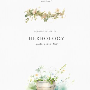 Op de afbeelding: Waterverfillustratie van een houten vat gevuld met groen en bloemen. De afbeelding bevat de tekst "HERBOLOGY Watercolor Set" en een citaat over de pigmenten van de natuur en welzijn.