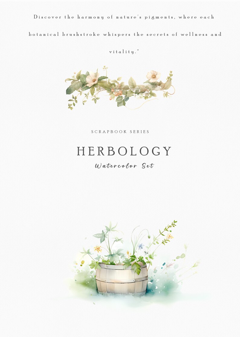 Op de afbeelding: Waterverfillustratie van een houten vat gevuld met groen en bloemen. De afbeelding bevat de tekst "HERBOLOGY Watercolor Set" en een citaat over de pigmenten van de natuur en welzijn.