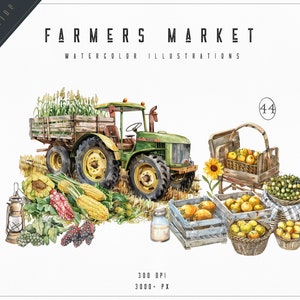 Watercolor Farm Clipart, Farmers Market Clipart, Watercolor Food Art, Digital Download, Card Making, Mixed Media, Digital Paper Craft