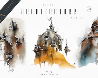 May include: Watercolor illustration of three architectural structures. The first is a tall building with a pointed roof and many windows. The second is a domed building with a clock tower. The third is a church with a dome and a bell tower. The illustration is in shades of brown, gray, and blue.