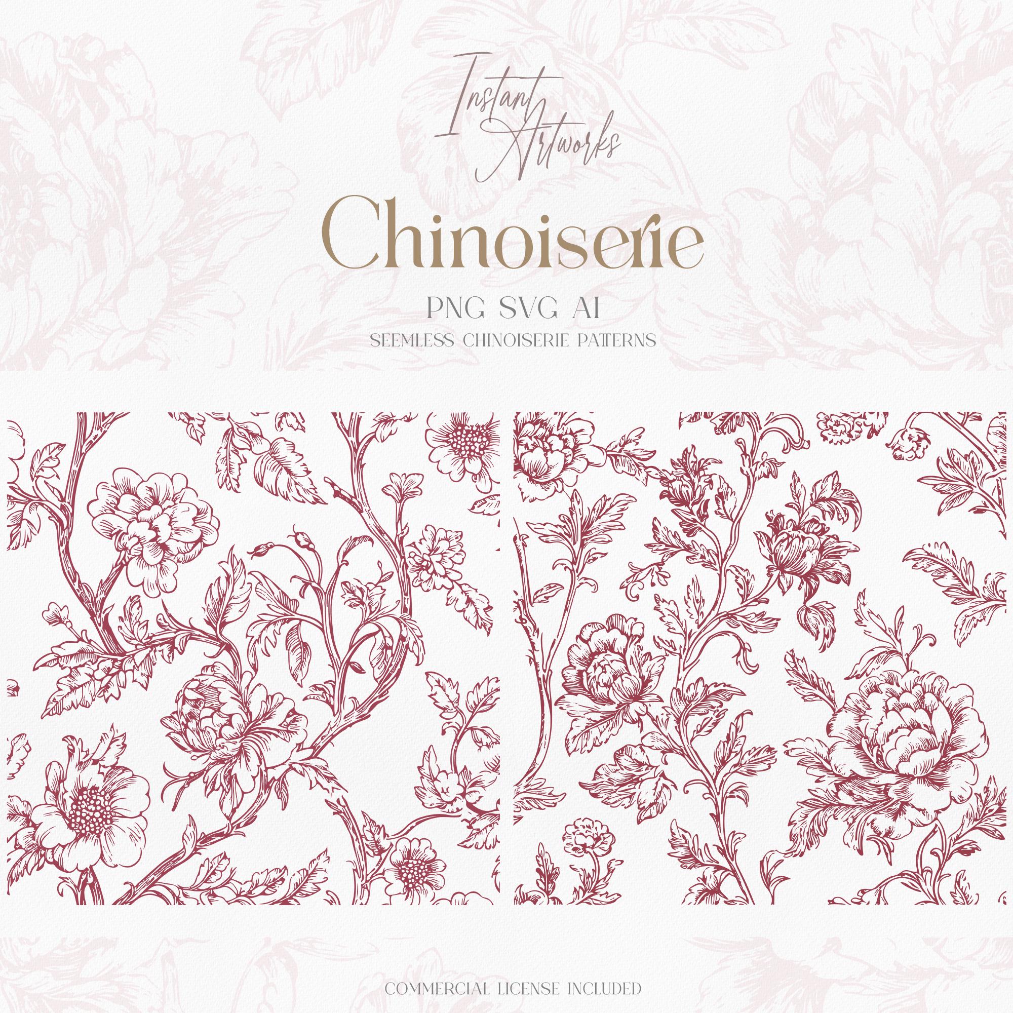 Rose Chinoiserie Floral Seamless Patterns, Vintage Clipart (PNG, SVG ...