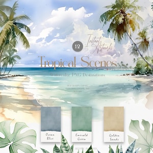 Clipart di spiaggia tropicale ad acquerello, palma estiva, spiaggia, barbone, clipart rilassante, sfondo per matrimonio in spiaggia per inviti fai da te