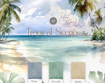 May include: A watercolor painting of a tropical beach scene with palm trees, blue water, and white sand. The painting is divided into three sections, each with a different color: ocean blue, emerald green, and golden sands. The text "Instant Artworks" and "Tropical Scenes" is visible at the top of the image.