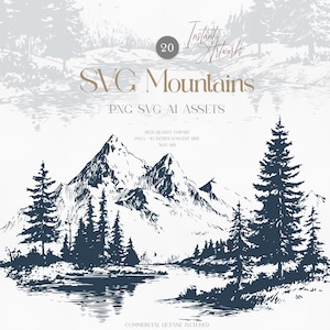 Mountain SVG Bundle, Pine Tree Clipart, Forest Landscape Vector Graphics for Commercial Use, Camping & Hiking PNG AI Files