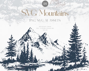 Mountain SVG Bundle, Pine Tree Clipart, Forest Landscape Vector Graphics for Commercial Use, Camping & Hiking PNG AI Files