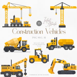 Pacote de Cliparts de Veículos de Construção Svg | 35 PNG SVG AI | Gráficos de Escavadeira, Guindaste e Caminhão | Festa Infantil, Artesanato, Adesivos, Uso Comercial