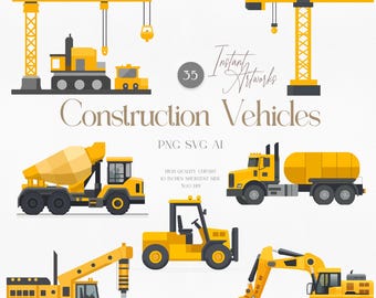Construction Vehicle Clipart Bundle | Digger, Crane, Truck Graphics (PNG, SVG, AI)