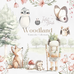 Clipart aquarelle animaux des bois - clipart aquarelle randonneur mignon - clipart extérieur pour enfants - créatures des bois - Boho Kids