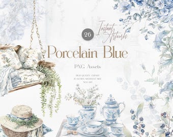 May include: Watercolor illustration featuring a swing with pillows, a straw hat in a basket, and a table set with a teapot, cups, and saucers. The theme is "Porcelain Blue" with floral and botanical elements. The image includes the text "Instant Artworks".