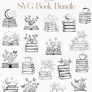 May include: A set of 16 black and white SVG book illustrations. The illustrations feature books, flowers, stars, moons, butterflies, coffee cups, and glasses. The illustrations are perfect for use in scrapbooking, card making, and other crafting projects.