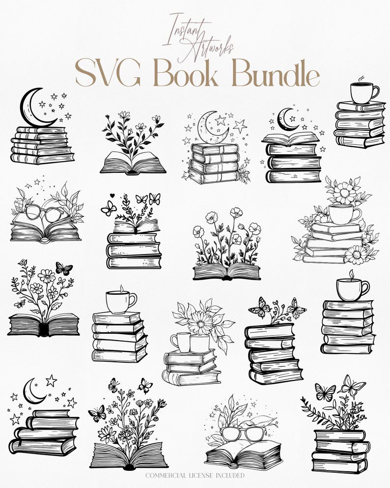 May include: A set of 16 black and white SVG book illustrations. The illustrations feature books, flowers, stars, moons, butterflies, coffee cups, and glasses. The illustrations are perfect for use in scrapbooking, card making, and other crafting projects.