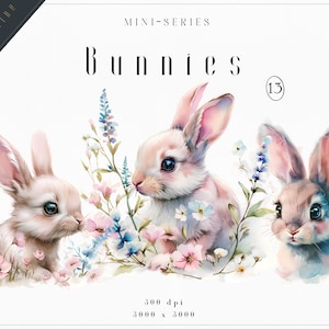 Clipart de conejitos de primavera en acuarela - Clipart de guardería - Clipart de flores - Clipart prediseñado - Clipart de conejitos - Clipart floral - Pascua