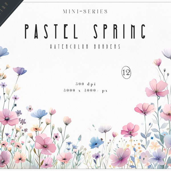 Pastel Watercolor Floral Clipart, Wildflowers floral clipart, Floral border set, Spring Flowers png, Summer flowers, Digital clipart PNG