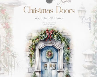 クリスマス水彩画クリップアート、クリスマスドアクリップアート、水彩画クリップアート、クリスマスクリップアート、招待状クリップアート、クリスマスドアシーン
