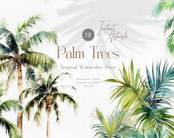 May include: A digital download of 12 watercolor illustrations of palm trees. The trees are painted in shades of green and brown. The text "Instant Artworks" and "Palm Trees" is visible in the image. The text "Tropical Watercolor Trees" is also visible in the image.