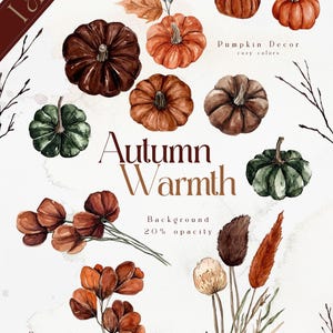 Op de afbeelding: Waterverfillustratie van herfstthema-elementen, waaronder pompoenen, bladeren en bloemen. De tekst "Autumn Warmth" is geschreven in een decoratief lettertype. De tekst "Pumpkin Decor cozy colors" en "Background 20% opacity" zijn ook inbegrepen. De tekst "Burgundy Florals" staat onderaan de afbeelding.
