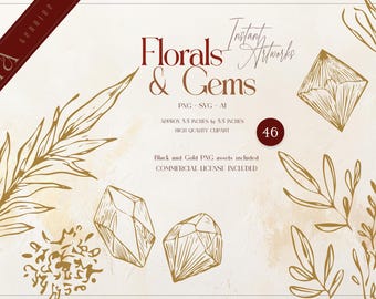 May include: A set of 46 gold and black floral and gem illustrations. The illustrations are in a line art style and include flowers, leaves, and gemstones. The text "Instant Artworks Florals & Gems" is at the top of the image.