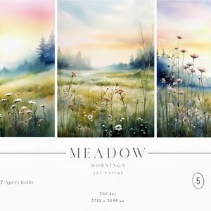 Watercolor Meadow Backgrounds | Digital Paper Pack | 5 PNG Files | 5:7 Aspect Ratio | 300 DPI