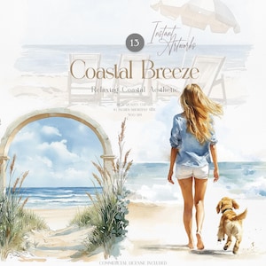 Aquarel strandafbeeldingen, kustzomer clipart, oceaanillustraties, nautische digitale kunst PNG voor huwelijksuitnodigingen, kaarten en decor