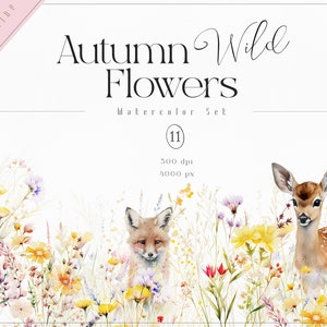 May include: Watercolor illustration of a fox and a deer in a field of autumn wildflowers. The illustration is titled "Autumn Wild Flowers Watercolor Set 11".