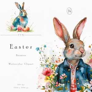 Conejitos de Pascua en acuarela, imágenes prediseñadas de primavera, descarga digital, álbum de recortes, diario basura, impresiones digitales