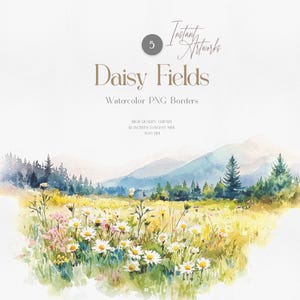 Akwarela Daisy Floral Clipart, Wiosna Lato Pola png, Dzikie Kwiaty Wiosenne Łąki, Obramowania Kwiatowe, Ślubne Clipart, Karty DIY, Zaproszenia