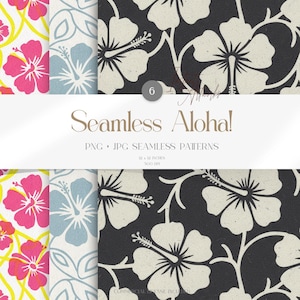 Op de afbeelding: Naadloze Aloha-patronen met hibiscusbloemen in roze, lichtblauw en wit op een zwarte achtergrond. De afbeelding bevat de tekst "Seamless Aloha!" en "PNG • JPG SEAMLESS PATTERNS". De patronen zijn 30,48 x 30,48 cm.