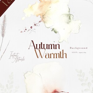 Op de afbeelding: Waterverf achtergrond met herfstkleuren in tinten bruin, geel en groen. De tekst "Autumn Warmth" is geschreven in bruin lettertype. De tekst "Background 100% opacity" is geschreven in kleiner bruin lettertype.
