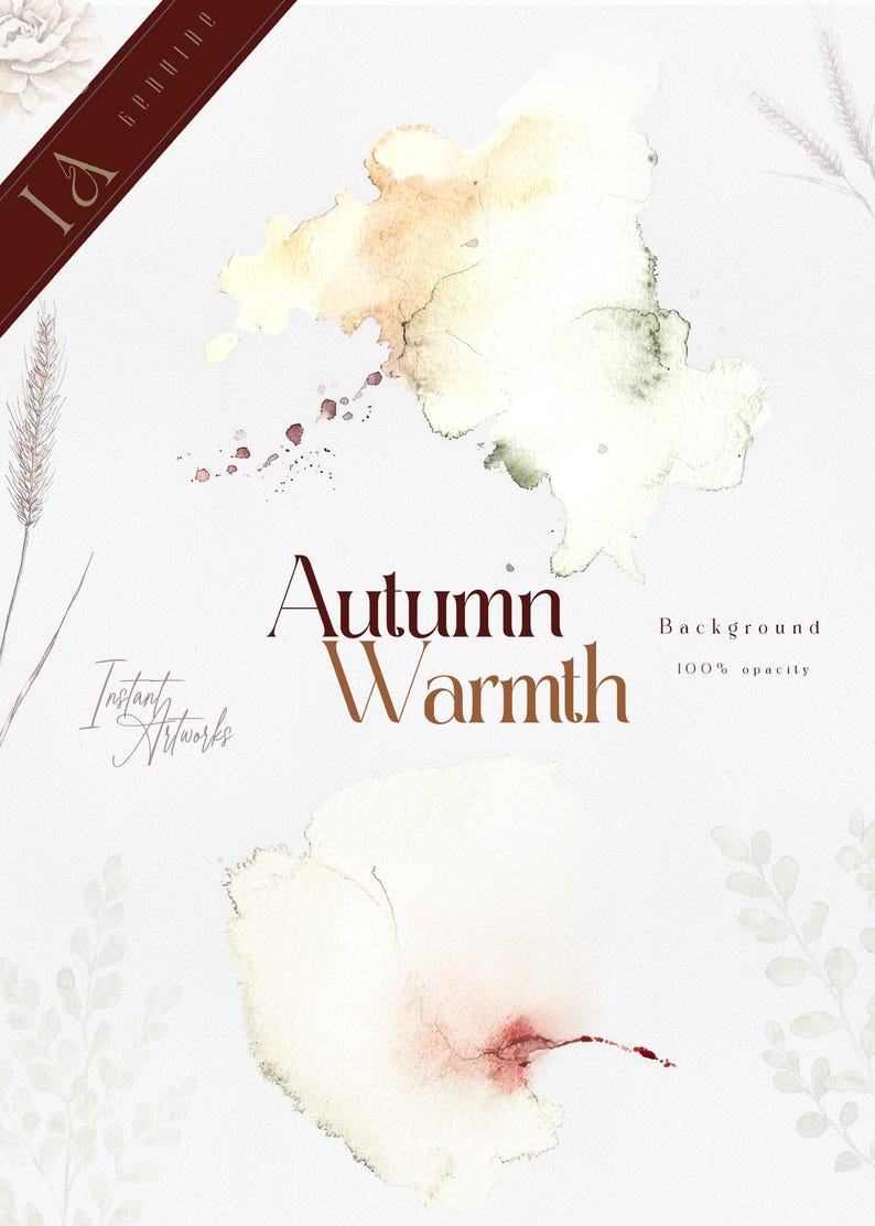 Op de afbeelding: Waterverf achtergrond met herfstkleuren in tinten bruin, geel en groen. De tekst "Autumn Warmth" is geschreven in bruin lettertype. De tekst "Background 100% opacity" is geschreven in kleiner bruin lettertype.