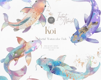 Imágenes prediseñadas de peces koi en acuarela, ilustración japonesa con lámina dorada (PNG)