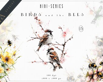 Watercolor Birds and Bees Clipart, PNG (Digital Download)