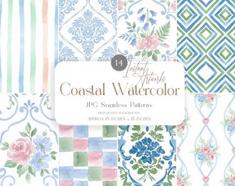 May include: A collection of 14 watercolor seamless patterns in a coastal theme. Designs include stripes, damask, floral, and geometric patterns in shades of blue, green, and pink. Each pattern is approximately 15 inches by 15 inches.